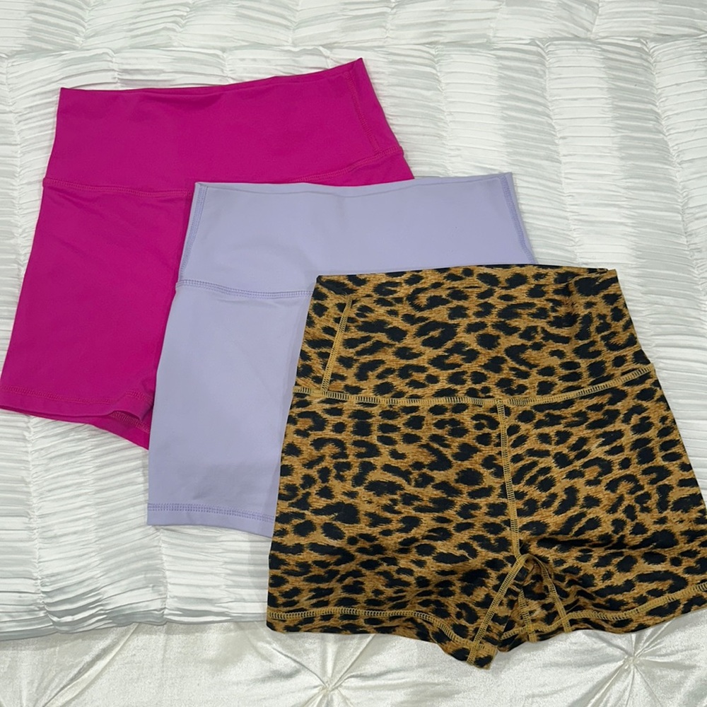 3 TYV shorts: leopard XS scrunch bum; lilac Sc scrunch bum; pink S